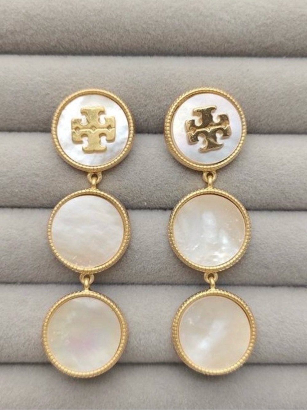 Tory Burch Gold and Mother-of-Pearl Triple Disc Drop Earrings